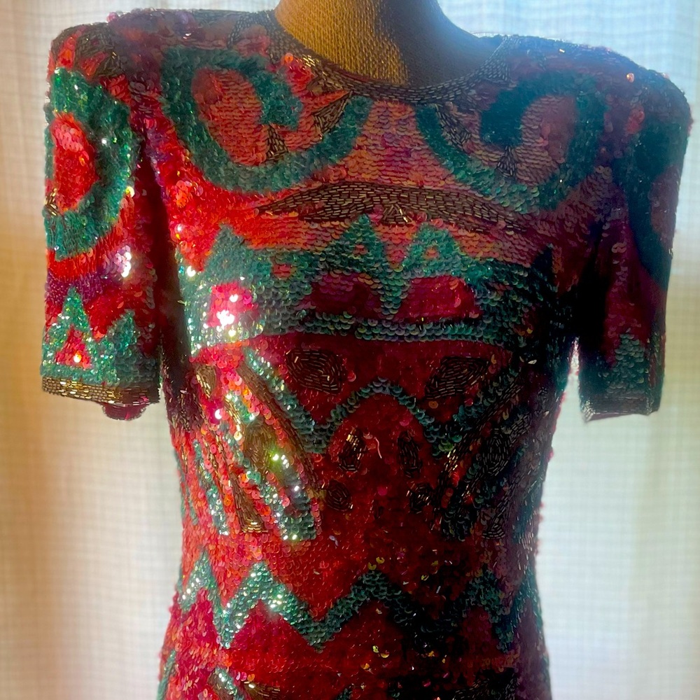 Vintage Pink and Blue Abstract Sequin Dress